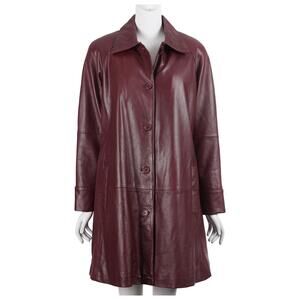 VINTAGE Excelled Women Leather Trench Coat S Burgundy Red Button Front Lined